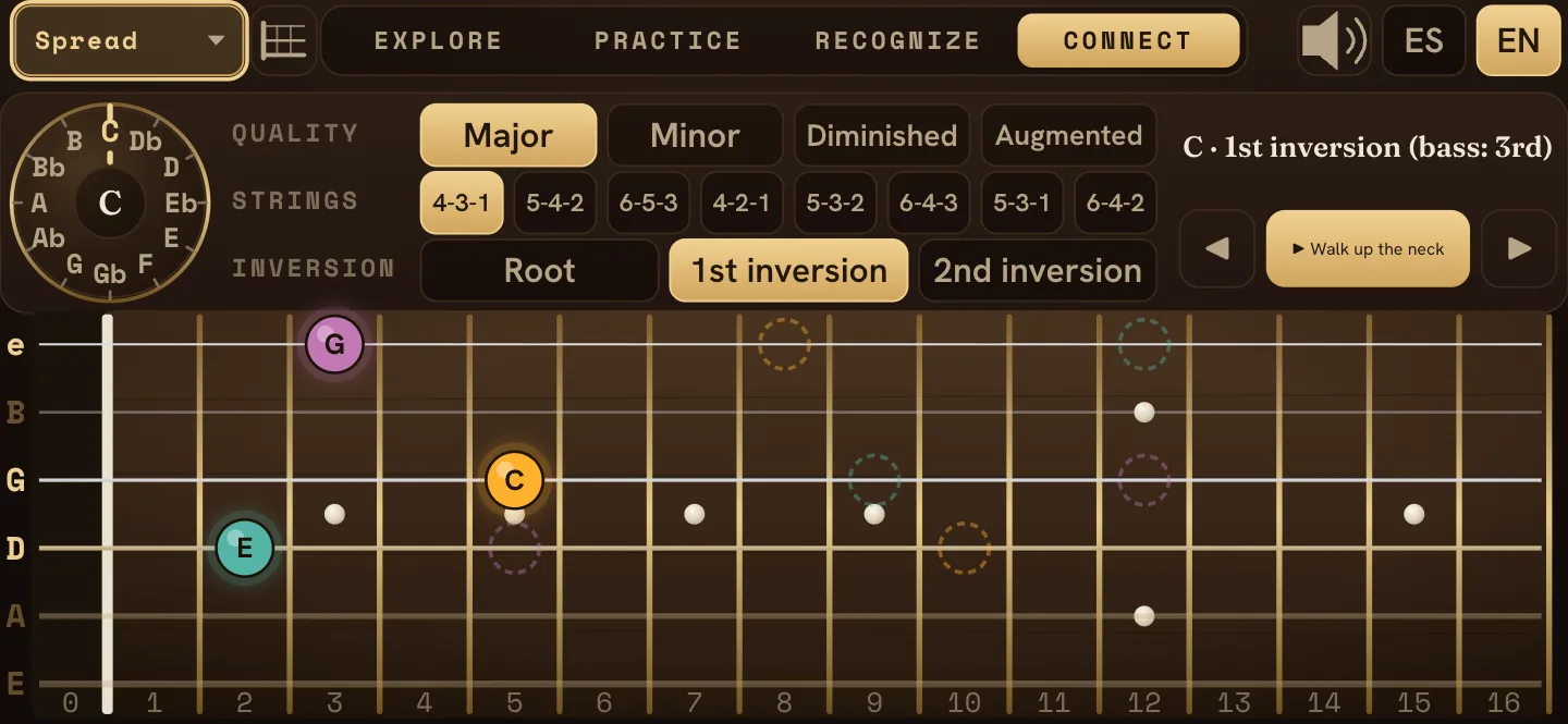 Connect mode: a spread triad chained through its three inversions up the neck, skipped string included