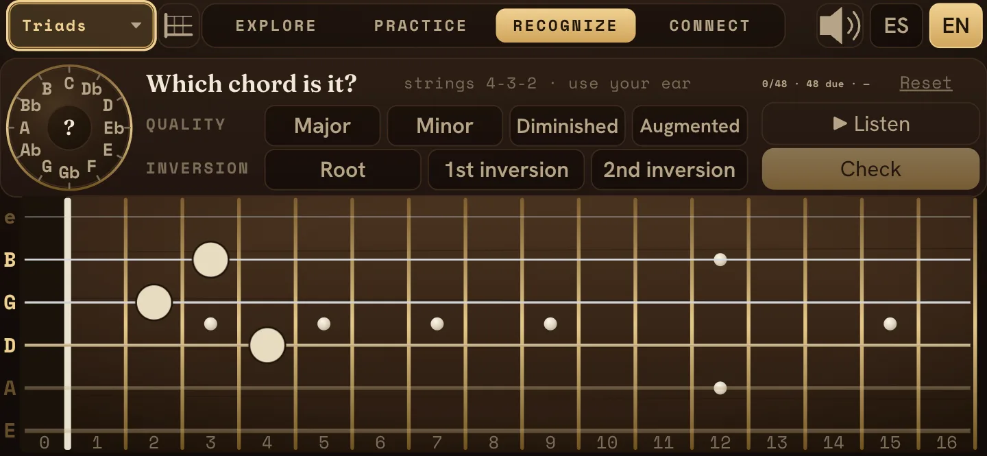 Recognize mode: an unlabeled shape on the fretboard, to be named by root, quality and inversion